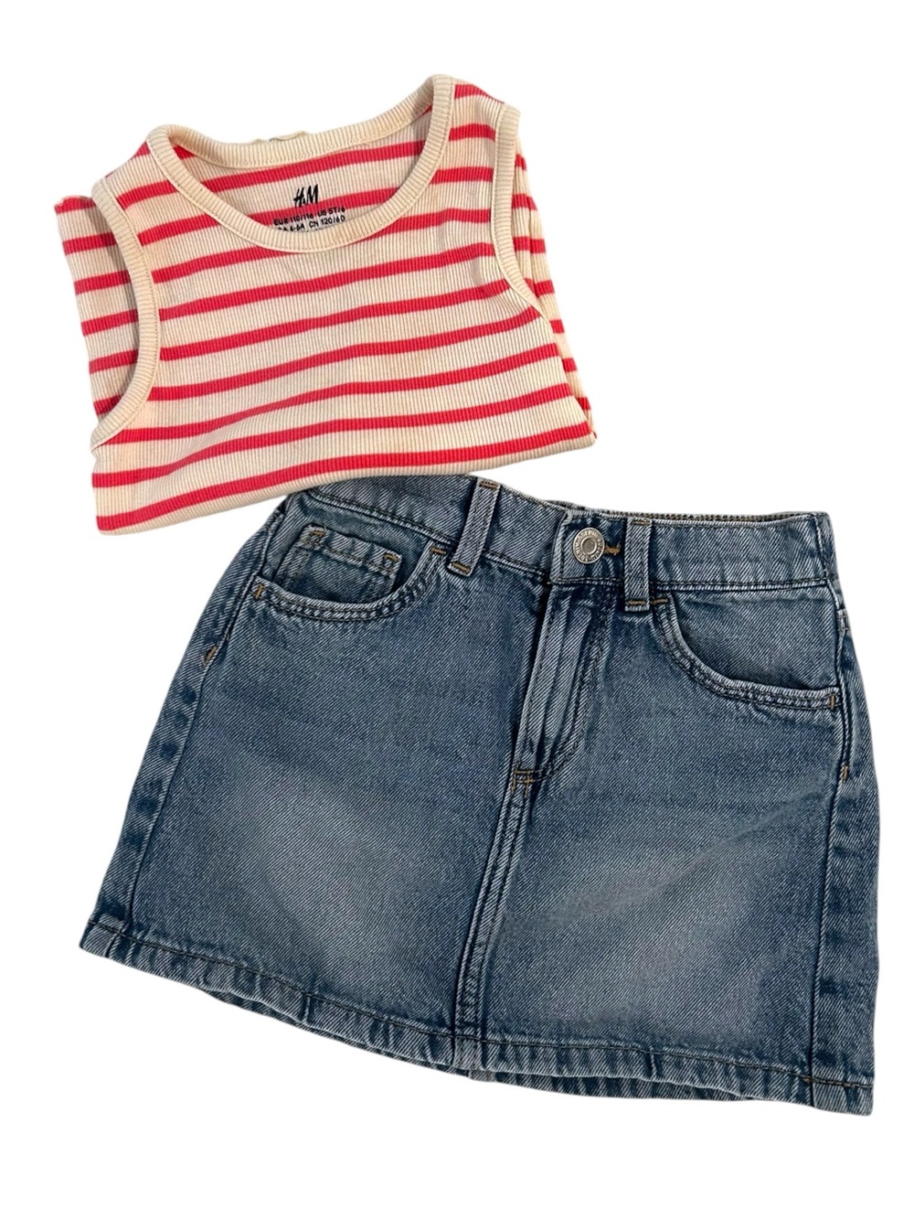 H&M Kids Lettuce Trim Striped Tank + Denim Mini Skirt Summer Outfit - Sz US 5T